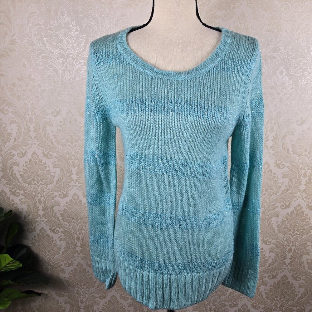 Apt 9 Size Large "Canal Blue" Loose Knit Sweater Sequin Stripes Round Neck NWT